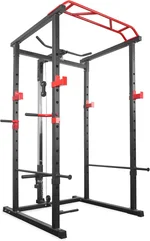 Power Cage 1000-Pound Capacity Exercise Stand Olympic Squat Cage Power Rack with LAT Pull-Down Attachment, Multi-Grip Pull-up Bar and Dip Handle for Men Women Strength Training Home Gym Equipment