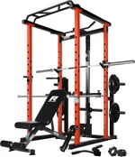 RitFit Squat Rack Power Cage Home Gym Package, Includes 1000LBS Power Rack with LAT Pull Down, Weight Bench, Rubber/Bumper Plates Set with Olympic Barbell (Package 1.2K (Rubber Plate 140LBS))-Orange
