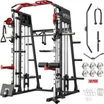 Mikolo Smith Machine, 2200lbs Squat Rack with LAT-Pull Down System & Cable Crossover Machine, Power Cage with Leg Hold-Down Attachment, Red