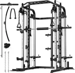 Smith Machine, Multifunctional Power Cage Rack with Smith Bar and Cable Pulley System, and LAT Pull Down Machine for Home Gym