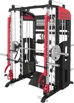 Commercial Smith Machine All-in-One Training Cage, Squat Rack, Jammer Arms, LAT Pull-Down, Leg Developer, 440 lbs Stack, Red, 77.36" (W) x 81.88" (L) x 87.4" (H)