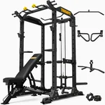2024 Upgraded T2 Power Cage Muti-Function Power Rack with LAT Pulldown System Squat Rack with Weights and Bar Set for Home Gym with Unique Training Attachment