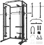 Power Cage with Smithbar, 1600 Lbs Power Rack with LAT Pulldown, Multi-Functional Squat Rack with Cable Pulley System, Dip Handles and J-Hooks, Power Cage for Home Gym Equipment