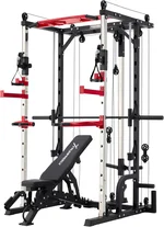 Smithe Machine Power Cage with Cable Crossover, Compact All-in-ONE Trainer Home Gym Machine, Power Rack for Weight Lifting, Strength Training and Bench Press (with Bench)