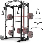 Power Cage with Pulley System, Multi-Functional Squat Rack with Cable Crossover System , 2000LBS Weight Capacity Power Rack for Home Gym Strength Workout with More Training Attachment, Black and Red