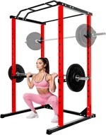 Power Cage Squat Rack - Heavy Duty Multi-Function Adjustable Rack with Safety Bars & J Hooks for Home Gym Strength Training (Red, 1000 LBS)