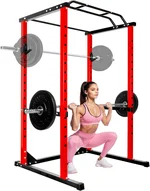 Power Cage Squat Rack - Heavy Duty Multi-Function Adjustable Rack with Safety Bars & J Hooks for Home Gym Strength Training (Red, 1000 LBS A)
