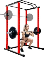 Power Cage Squat Rack - Heavy Duty Multi-Function Adjustable Rack with Safety Bars & J Hooks for Home Gym Strength Training (Red, 1000 LBS B)