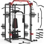 Smith Machine, Power Rack with LAT Pulldown System, Power Cage with Cable System, Squat Rack for Home Gym with Chest Press Machine, Spotter Arms, Leg Curl Attachment and More