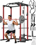 Power Cage, Power Racks for Home Gym with Pulley System, 1200LBS Weight Capacity Multi-Functional Squat Rack for Strength Workout with More Training Attachment (Red D1002)