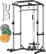 Power Cage with 140LB Weight Plates Set, 1600LBS Capacity Power Rack with LAT Pulldown System, 1.2" Diameter Multi-Grip Pull-Up Bar and Landmine Attachment, P30 Gray