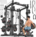 Power Cages Multi-Purpose Squat Rack with Cable Crossover System, Matching Weight Bench, Olympic Barbell Weight Set for Garage and Home Gyms