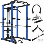 Multi-Functional Power Cage – Adjustable Pullup Squat Rack, 1000lbs Capacity – Gym Barbell Rack with Accessories ( Black + Blue ) – Full-Body Workouts (Beach)