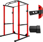 Power cage, 1200 pounds Multi-Functional Home Gym Squat Rack, 2 "X 2" 1.8mm Thickened Steel Pipe Square Frame with 2 Barbell Protection Stands and 2 Barbell Stands, 14 Adjustment Gears (red)