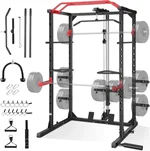 Power Cage Smith Machine, 1600LBS Capacity Multi-Function Power Rack with LAT Pulldown, Pulley System, J-Hooks and More Training Attachment, Adjustable Squat Rack for Home Gym Weight Cage
