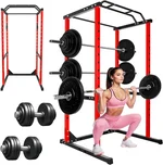 RQR Squat Rack Power Cage, Multi-Function Home Gym Rack, Heavy-Duty Adjustable Squat Stand & Bench Press Combo, 1200 LBS Capacity Power Rack with Pull-Up Bar, 14-Position J-Hooks & Safety Bars