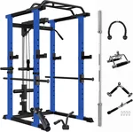Multi-Functional Power Cage, 1000lbs Capacity Adjustable Pullup Squat Rack with 7ft Bar & Gym Accessories – Black & Blue for Fitness (Black + Blue) (Beach)