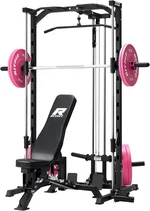 RitFit Smith Machine Power Rack with LAT-Pull Down System, Landmine, Barbell Bar, Plate Storage Pegs and More Training Attachment (170LBS-PINK)