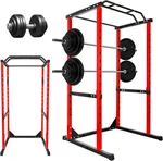 1200Lbs Squat Rack Power Cage, 14 Adjustable Barbell Protection Frame, 2 J-Hooks and 2 Barbell Safety Rack, Squats, Bench Presses, Wide Narrow Pull-Up, Applicable to Strength Training for Home Gym, Red