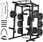 Smith Machine, 2000LBS Squat Rack for Home Gym, Multi-Function Power Cage Cable Crossover System Strength Training Equipment, Lat Pulldown Machines with 8 Weight Storage Pin, T-Bar and More