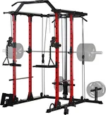 Folding Squat Rack - Wall Mounted Power Rack Cage with Cable Crossover Machine & LAT Pull Down - Functional Home Gym Trainer with 5 Adjustable Modes - with Safety Arm and Dips Attachment