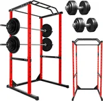 HUYUTT Power Cage, Squat Rack with 1200LB Capacity with 2 Steel Frame, Adjustable J-Hooks and Safety Bars, 14 Hole Pull-Up Bar, for Home Gym Strength Training, Red
