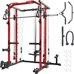 Power Cage, Smith Machine Squat Rack, Heavy Duty Power Rack for Home Gym with Pulley System, Dip Bar, LAT Pulldown, Multifunctional Squat Rack for Home Gym