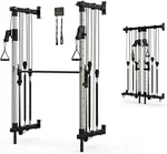 Wall-Mounted Folding Smith Machine Home Gym, All-in-One Compact Power Cage & Cable Pulley Trainer with 125–250LB Dual-User Resistance Band System for Home, Garage, Basement Fitness