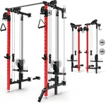 Folding Power Rack, Wall Mounted Squat Rack with Dual Independent Pulley System, Multi-Function Power Cage with 5 Adjustable Function Modes, Power Rack Trainer for Space Saving Home Gym