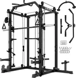 Smith Machine, 2000LBS M11 Multi-Function Squat Rack Power Cage with Cable Crossover System and Smith Bar, All-in-One LAT Pull-Down Machine for Home Gym