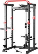 Multi-Function Power Cage with LAT Pulldown,661LB Capacity Weight Cage Strength Training Machine,Pulley System Multi-Grip Pull-Up Bar Adjustable Safety Bars, Strength Training for Home Gym