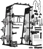 Smith Machine Home Gym All in One, 2200LBS Squat Rack Power Cage with Smith Bar, LAT Pull-Down, Cable Systems, Leg Hold-Down and More Attachments, Workout Equipment (Red Black)