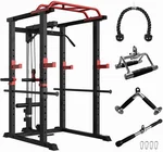Multi-Functional Power Cage with Pull-Down Attachment, Adjustable Barbell Rack with High Capacity for Home Gym, Black and Red