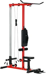 Cable Machine with High and Low Pulley Stations, Adjustable Seat and Footplate for Home Gym, Black and Red