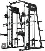 Smith Machine, 2200Lbs Squat Rack with LAT-Pull Down System, Cable Crossover Machine, Smith Bar, Home Gym All in One Training Equipment with Leg Hold-Down and More Attachments