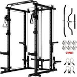 RitFit Upgraded PPC-P3 Power Cage, 3-in-1 Home Gym with Aluminum Pulley System, 1200LBS Capacity, Includes LAT Pulldown, Landmine, J-Hooks & 20+ Attachments, Fits Compact Spaces Black Red