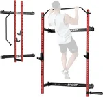 OUTLANE Folding Squat Rack Wall Mounted with Adjustable Pull-Up Bar, Double J-Hooks, Safety Arm, 2.36'' x 2.36'' Space Saving Weight Power Cage Equipment for Home Gym Training