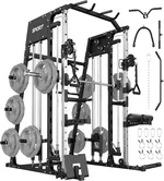 Smith Machine Home Gym, 2200LBS All in One Squat Rack Power Cage with Smith Bar, Dual Pulley System, LAT Pull-Down, Cable Station, Leg Hold-Down & Attachments, Strength Training Equipment (Red/Black)