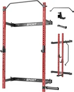 Folding Squat Rack for Home Gym, 1000 LB Capacity Wall Mounted Power Rack with Pull Up Bar, J Hooks and More Attachments, 2.36" x 2.36" Space Saving Multifunction Power Cage, Black/Red