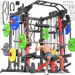Multi-Purpose Squat Rack,Smith Machine Weight Rack Set with Cable Crossover System, Home Gym Power Racks, Power Racks and Packages (L05, Power cage Red+Bench+Color BP 370LBS)