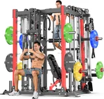 Multi-Purpose Squat Rack,Smith Machine Weight Rack Set with Cable Crossover System, Home Gym Power Racks, Power Racks and Packages (L07 Two Users, Power cage Red+Bench+Color BP 370LBS)