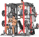 Multi-Purpose Squat Rack,Smith Machine Weight Rack Set with Cable Crossover System, Home Gym Power Racks, Power Racks and Packages (L07 Two Users, Power cage Red+Bench+Cast lron 308LBS)